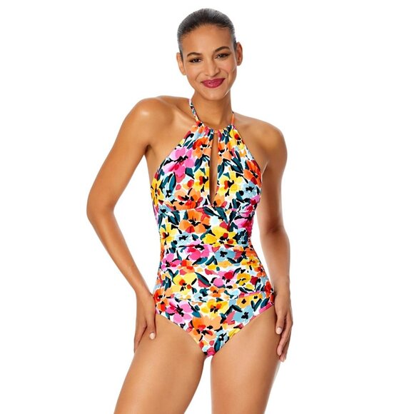 NEW Anne Cole Gradient High Neck One-Piece Swimsuit Gradient Floral Red Blue 10 - Picture 1 of 8